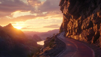 Fototapeta premium stunning dramatic landscape, rugged cliffs and mountains at sunset, vibrant warm colors in sky, winding trail through rocky terrain, serene lake or ocean in distance, atmospheric lighting and moody at