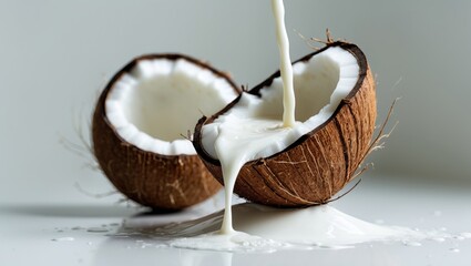 Fresh coconut with milk being poured, on a white surface. Food and beverage, tropical fruit, healthy snack. Natural and exotic ingredients.