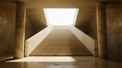Obraz premium Sunlit Staircase Leading Upward with Radiant Glow at the Top, Creating Strong Contrast and Hope Symbolism