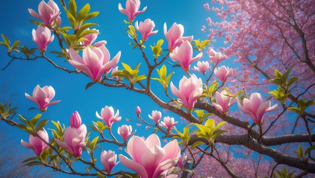 Blooming magnolia branches with pink flowers against a clear blue sky and cherry blossoms in the background. - Powered by Adobe