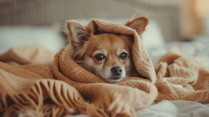 Cozy dog wrapped in blankets on a bed enjoying a warm afternoon at home, generative ai