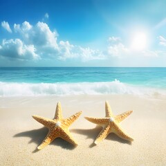 Two Starfish on Sandy Beach Summer Vacation Ocean Scene