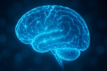 Obraz premium Electric Blue Brain Illuminated Neurons Representing Artificial Intelligence and Neural Network Connectivity Technology Innovation
