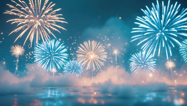 Fireworks display over water with colorful bursts and smoke, celebrating a festive occasion or event. Fireworks, celebration, night sky. The concept of fireworks and celebration.