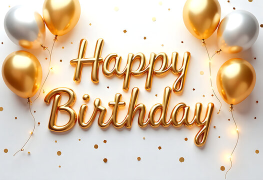 A cheerful vector happy birthday graphic with 3D realistic golden and silver balloons arranged dynamically on a white background, complemented by falling glitter confetti and stylish text, under a spo