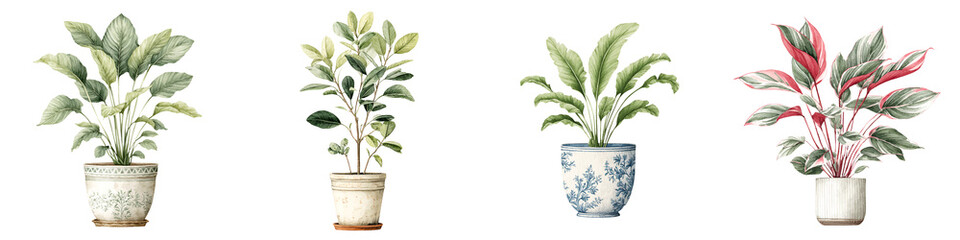 Watercolor Potted Plants Collection on White Background