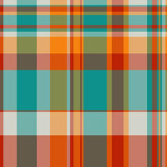 Vibrant, colorful plaid pattern with intersecting lines in shades of orange, teal, olive, and brown.  Great for backgrounds, textiles, or abstract design projects.