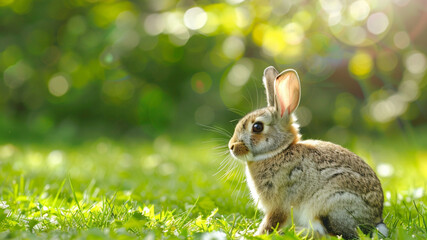 Cute rabbit sitting on green grass in a sunny meadow during golden hour, generative ai