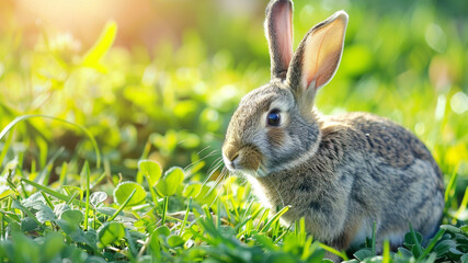 Cute rabbit sitting on green grass in a sunny meadow during golden hour, generative ai