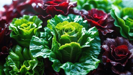 Fresh lettuce varieties with green and red leaves. Leafy greens for salads and healthy dishes. Vegetables and leafy greens. Natural produce.