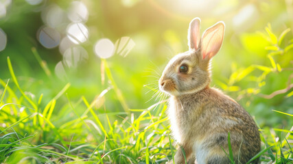 Cute rabbit sitting on green grass in a sunny meadow during golden hour, generative ai