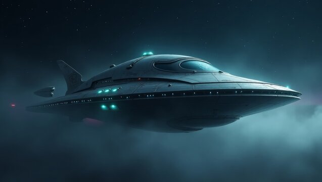 Futuristic flying saucer in starry sky alien spacecraft