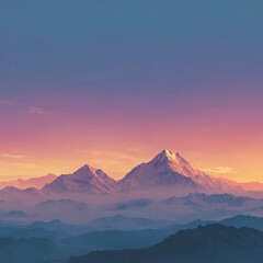 Obraz premium Minimalist scenic landscape of snow-capped mountains under a stunning gradient sky, serene and tranquil nature background, peaceful wilderness, calm horizon, winter alpine scenery