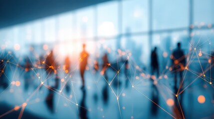Modern airport terminal interior with blurred travelers and digital network overlay representing connectivity