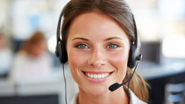 Friendly customer service representative woman smiling wea headset working in call center environment with colleagues