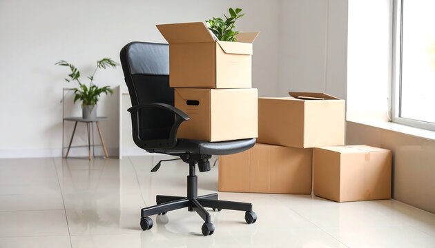 Office relocation Cardboard boxes and chair by window with ready to move or empty.