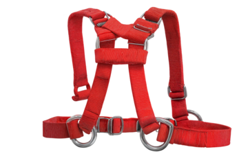 red safety harness for construction work and fall protection equipment on transparent background