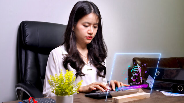 Asian woman working with futuristic augmented reality interface, using virtual AI assistant technology for online business and smart home control on a holographic screen. - Powered by Adobe