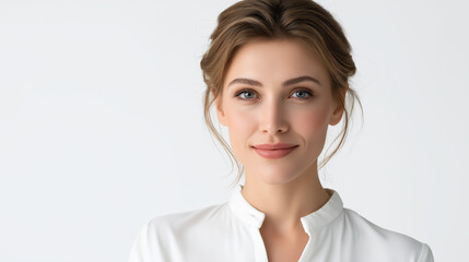Fototapeta premium Professional portrait of a confident young woman with natural beauty smiling and showcasing elegance in a studio headshot for lifestyle and fashion use