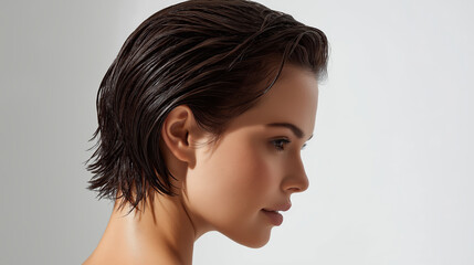Elegant woman with stylish haircut and professional hair grooming showcasing modern hairstyle and youthful beauty in a sophisticated profile portrait