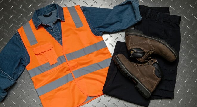 High-Visibility Safety Gear and Work Boots Laid Out