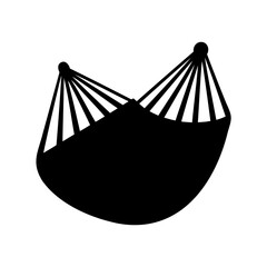 Simple black silhouette of a hanging hammock against a white background