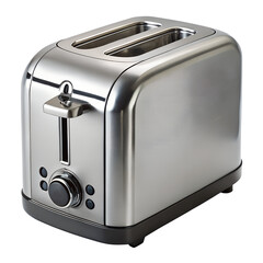 Modern stainless steel toaster with two slots and a lever, isolated on transparent background, for making toast and breakfast