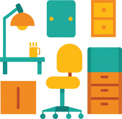 A vector illustration set of flat furniture icons including a sofa, chair, and table for home or office interior design