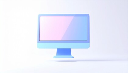 A blank computer monitor on an office desk displays a simple, flat-screen illustration of digital communication technology
