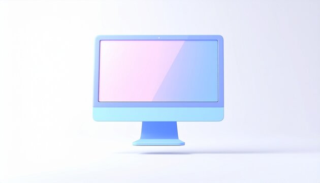 A blank computer monitor on an office desk displays a simple, flat-screen illustration of digital communication technology