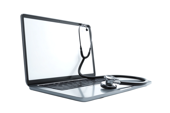 Stethoscope on laptop, online medical support, telehealth concept.