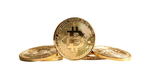 Golden Bitcoin coins, digital currency, investment concept.