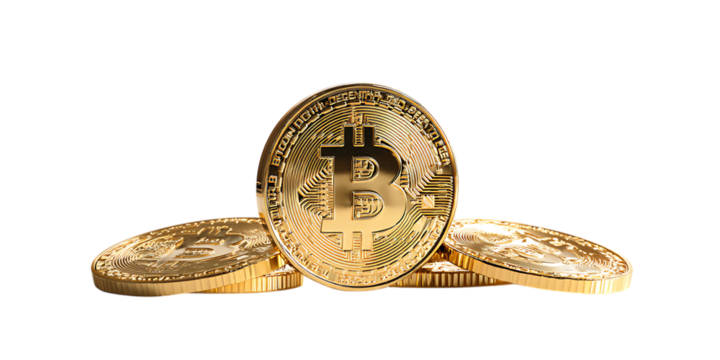 Golden Bitcoin coins, digital currency, investment concept.