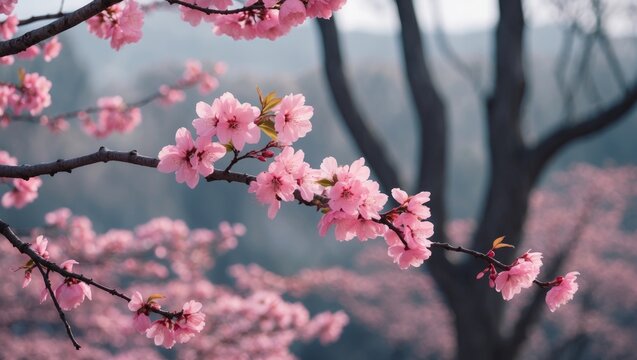 Cherry blossoms on a branch with pink flowers, blurred background, springtime scene, nature, flowering trees.