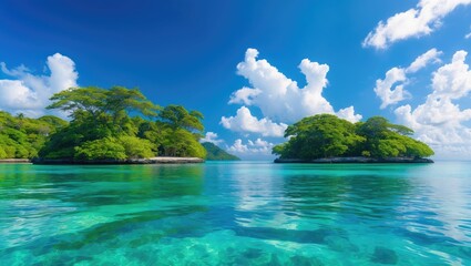 Tropical islands with lush trees under a bright blue sky over clear turquoise waters.
