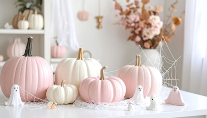 Pastel Halloween Decor Pink Pumpkins with Ghosts, and Spiderweb for a Cozy Gathering.