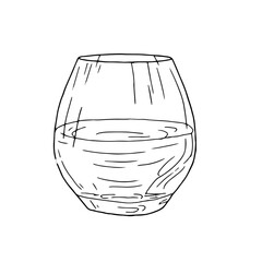 Elegant glass of cognac, black and white sketch. Vector illustration. Classic alcoholic drink, isolated on white background. Glass of whiskey or rum, printable
