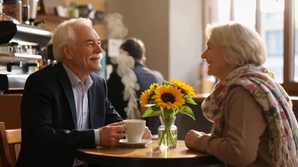 Elderly couple enjoying coffee and conversation at a cafe