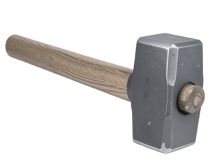 A heavy sledgehammer with a rectangular steel head and a long wooden handle.
