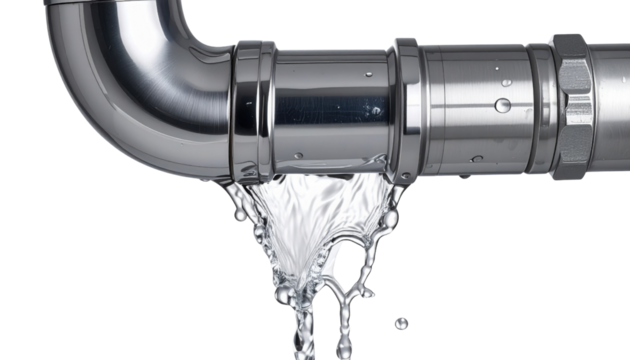 A leaking chrome plumbing pipe elbow with water streaming and droplets escaping from a joint.