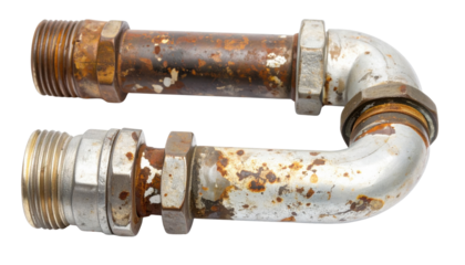 Two rusted, threaded metal pipes with an elbow joint and coupling fittings, showing heavy corrosion and a worn, oxidized finish.