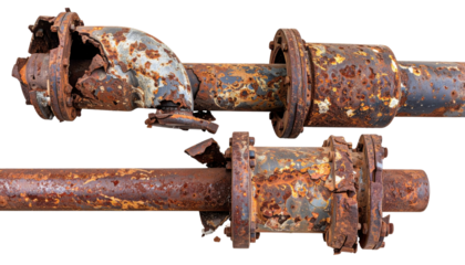 Two heavily corroded steel pipes with flanged connections, peeling paint, rust flakes, and fractured sections.