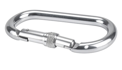 Silver oval screw-lock carabiner with textured locking sleeve and polished metal gate used as a climbing and connector hardware.