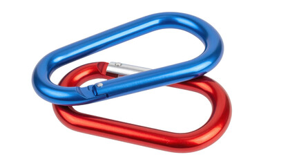 Two linked anodized oval carabiners, one blue and one red.