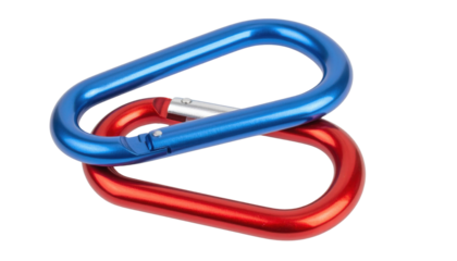 Two linked anodized oval carabiners, one blue and one red.