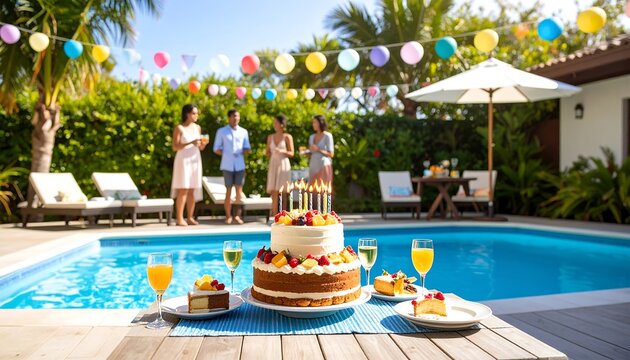 Poolside Birthday Celebration Friends Toasting With Cake with Tropical Party, and Sunny Day.