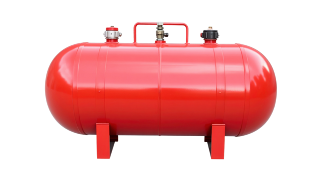 Red horizontal cylindrical pressure tank with valves, fittings, and support legs for industrial gas or fuel storage.
