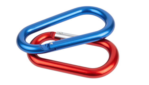 Two linked anodized oval carabiners, one blue and one red.