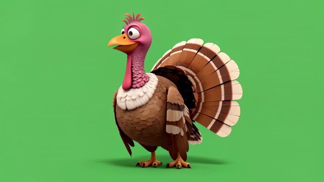Animated turkey with mouth open and wings spread on green background