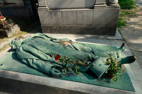 Paris, France, August 9, 2024: P&egrave;re-Lachaise Cemetery in Paris, tomb of Victor Noir